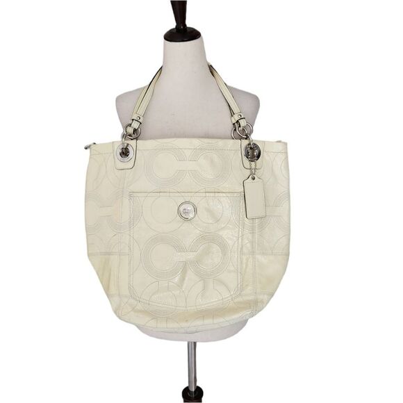 Coach alex Stitched Signature Cream Patent Leather Tote Handbag - Picture 1 of 13